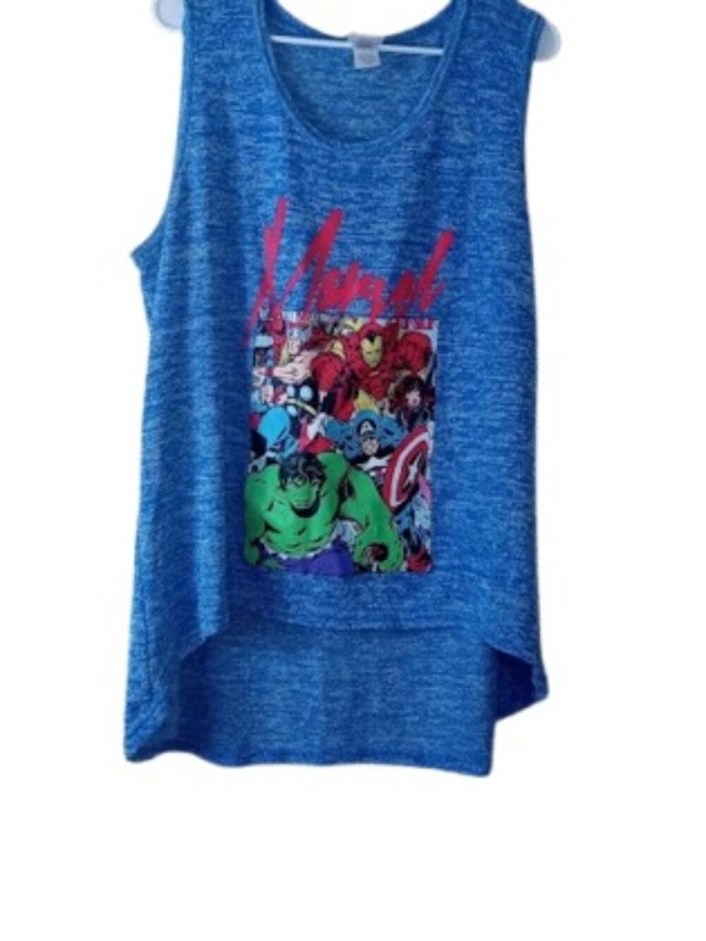 Marvel Womens Hero Graphic Hi Lo  Tank Top Marled Blue Knit Plus 1X